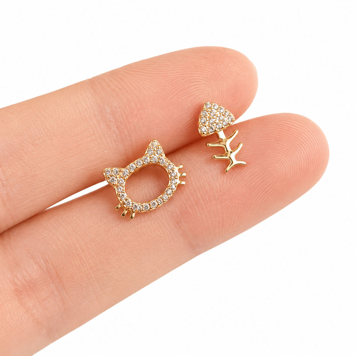 Aros De Acero Inoxidable Gato Y Pez Con Brillantes Dorado