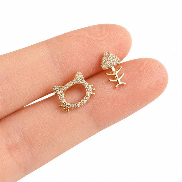 Aros De Acero Inoxidable Gato Y Pez Con Brillantes Dorado