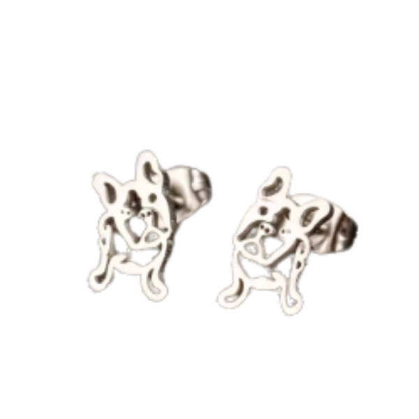 Aros Con Diseño De Bulldog Frances Acero Inoxidable Plateado - Moxy Pet Box