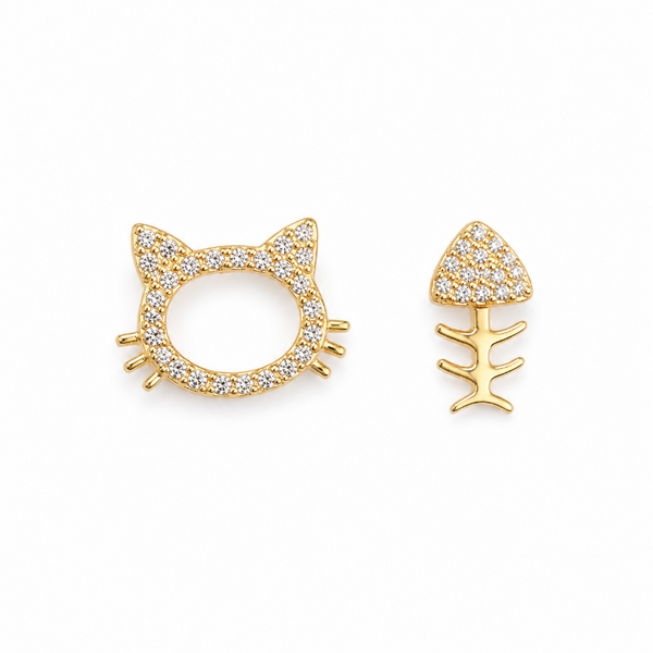 Aros De Acero Inoxidable Gato Y Pez Con Brillantes Dorado