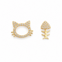 Aros De Acero Inoxidable Gato Y Pez Con Brillantes Dorado