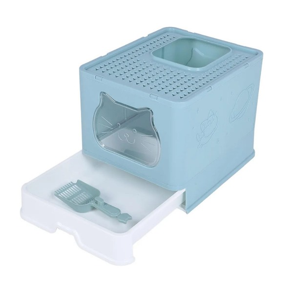 Caja De Arena Cerrada Azul Para Gatos Anti Salpicaduras Con Tapa - Moxy Pet Box