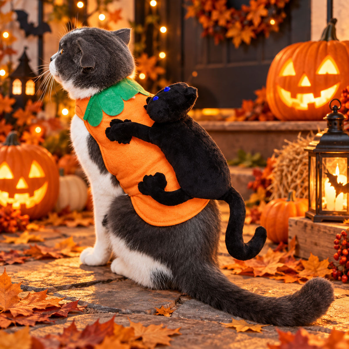 Disfraz De Gato Negro Con Calabaza Para Mascotas