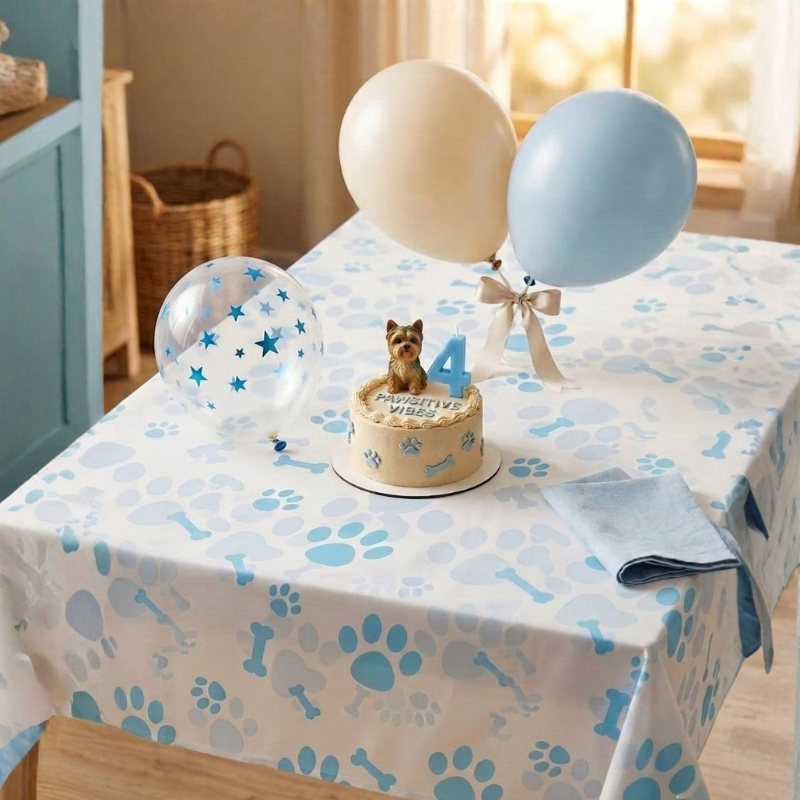 Mantel Desechable Para Fiesta De Mascotas — Estampado De Huellas Y Huesos